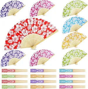 12 Pcs Hawaiian Luau Folding Hand Fans Bulk for Party Tropical Summer Hibiscus Floral Handheld Fan with Bamboo Frames Hibiscus Paper Fans for Women Havana Party Supplies