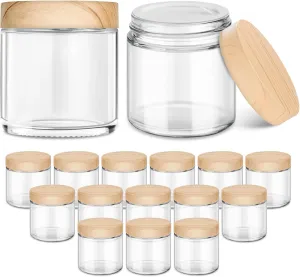 16 Pack Small Glass Jars with Lids, 4 oz Glass Containers with Plastic Woodgrain Lids & Inner Liners, Reusable Travel Containers for Creams, Makeup, Lotion, Cosmetic, Ointment