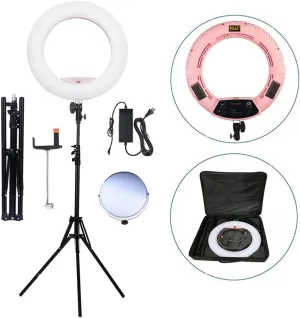 18" LED Ring Light Kit Bi-Color Dimmable Photo Studio Video Portrait Film Selfie YouTube Photography Lighting Set with Phone/Camera Holder, Makeup Mirror, Stand and Travel Bag Pink