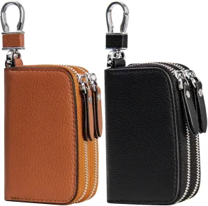 2 Pack Double Zipper Car Key Case, Retro Leather Car Key Fob Holder, Women Key Organizer with Metal Hook Keyring, Mens Vintage Key Coin Bag Black Brown