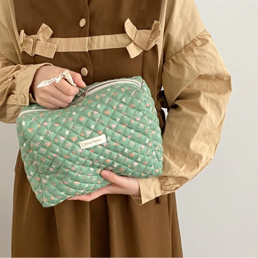 2 Pack Kawaii Cute Makeup Bag Aesthetic Travel Quilted Cotton Cosmetic Bag Organizer Toiletry Pouch for Women Teen Girls (Green Spring)