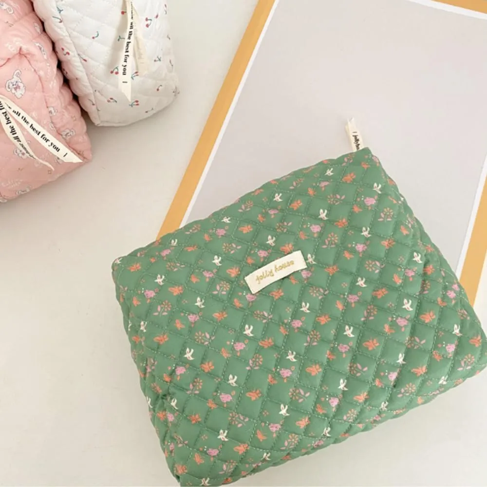 2 Pack Kawaii Cute Makeup Bag Aesthetic Travel Quilted Cotton Cosmetic Bag Organizer Toiletry Pouch for Women Teen Girls (Green Spring)