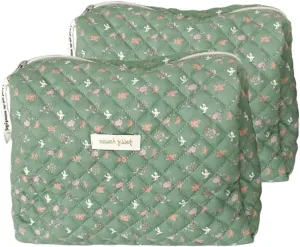 2 Pack Kawaii Cute Makeup Bag Aesthetic Travel Quilted Cotton Cosmetic Bag Organizer Toiletry Pouch for Women Teen Girls (Green Spring)