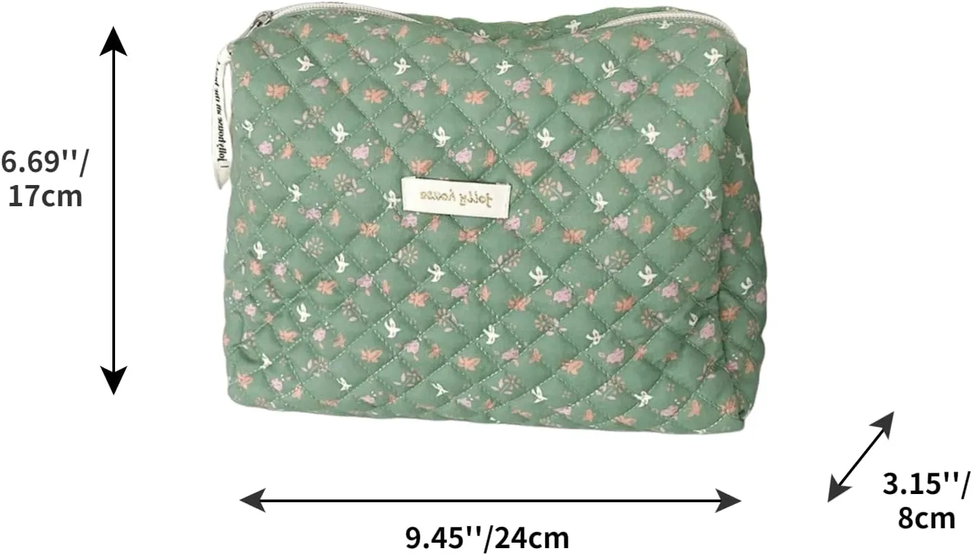 2 Pack Kawaii Cute Makeup Bag Aesthetic Travel Quilted Cotton Cosmetic Bag Organizer Toiletry Pouch for Women Teen Girls (Green Spring)