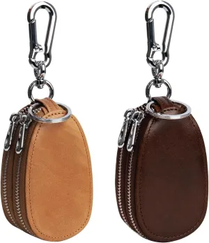 2 Pack Mens Vintage Key Case, Retro Genuine Leather Car Key Fob Holder, Key Organizer with Metal Hook Keyring, Double Zipper Key Coin Bag Coffee Brown