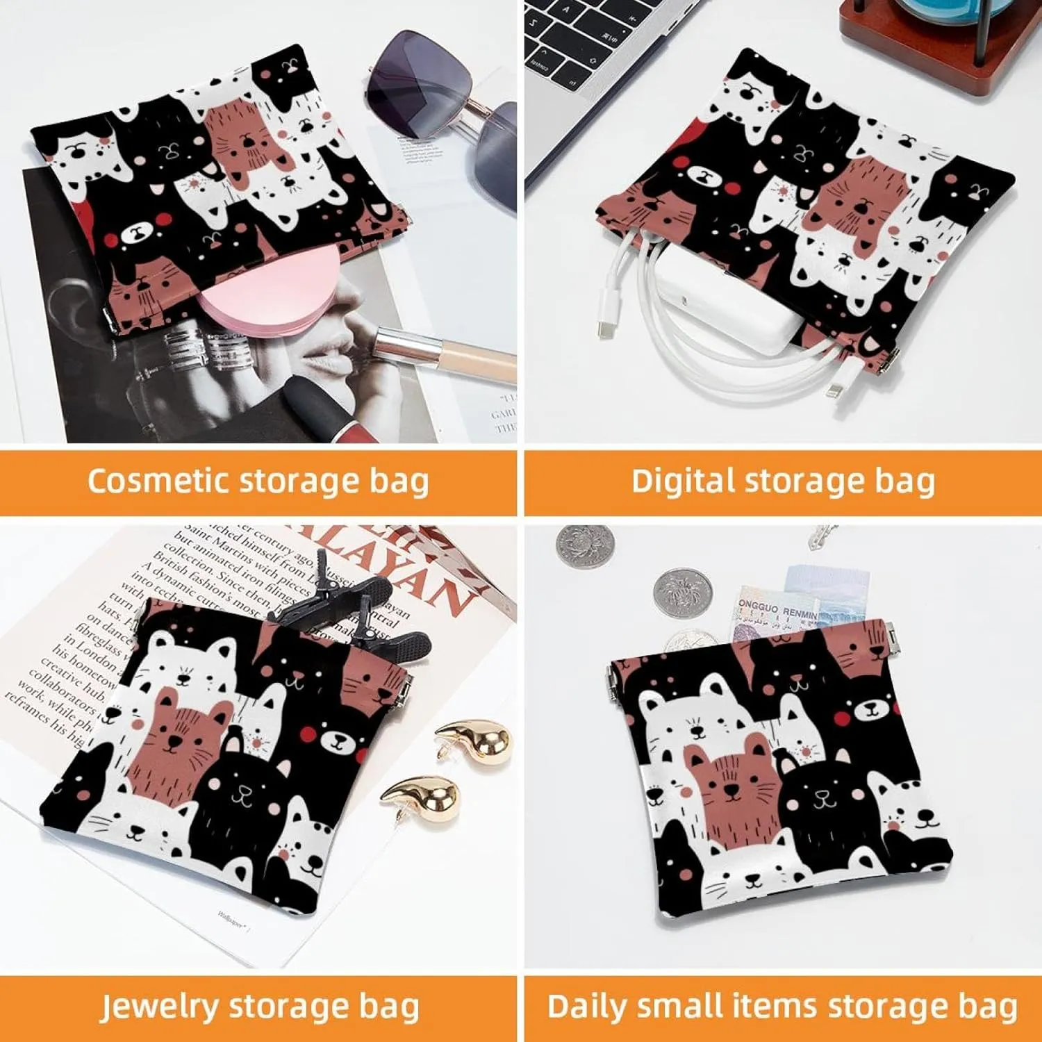 2 Pcs Faux Leather Makeup Bag Set, Small Makeup Pouch Purse, Mini Makeup Bag, Mini Travel Storage for Cosmetics, Sheep Cat Dog Cartoon Animal