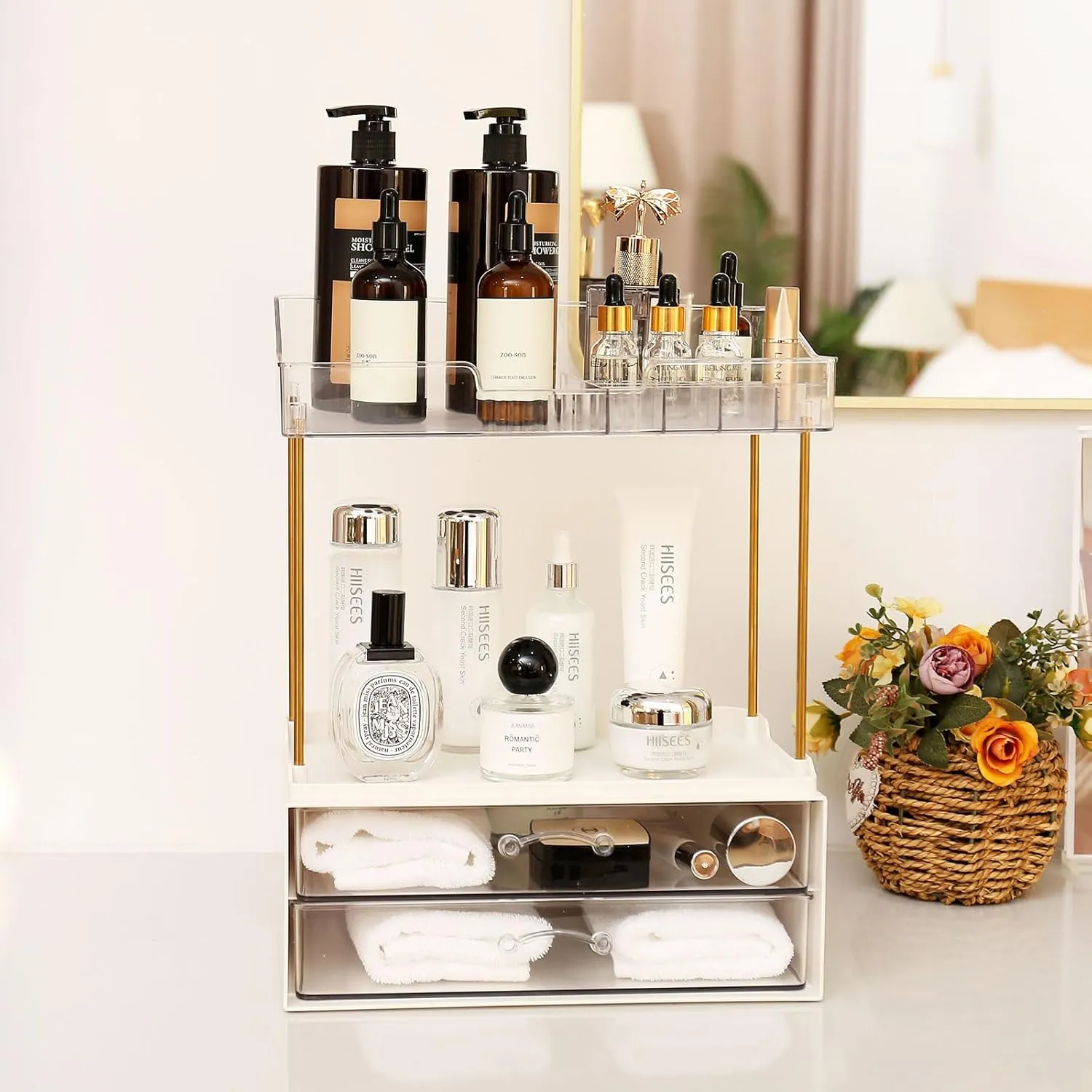 2-Tier 2-Drawer Bathroom Countertop Organizer, Multi-Purpose Makeup Organizer for Vanity, Large Skincare Countertop Organizer, Cosmetic Display Case for Dresser, Elegant Gifts for Women, Clear