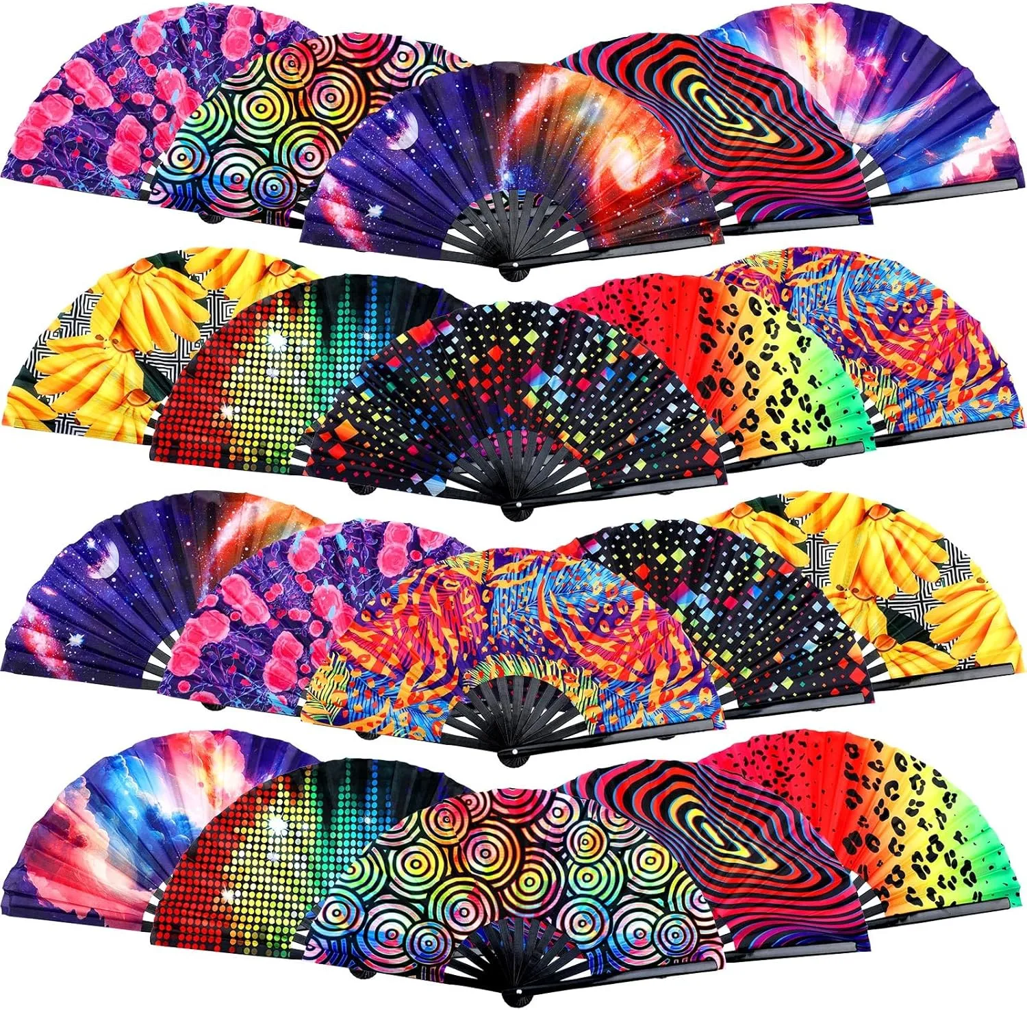 20 Pcs Rave Fans Bulk Large Folding Hand Fans with Bamboo Ribs for Men Women, Chinese Japanese Rainbow Handheld with Fabric Case for Drag Queen Dance Club Music Festival Party(Funny)