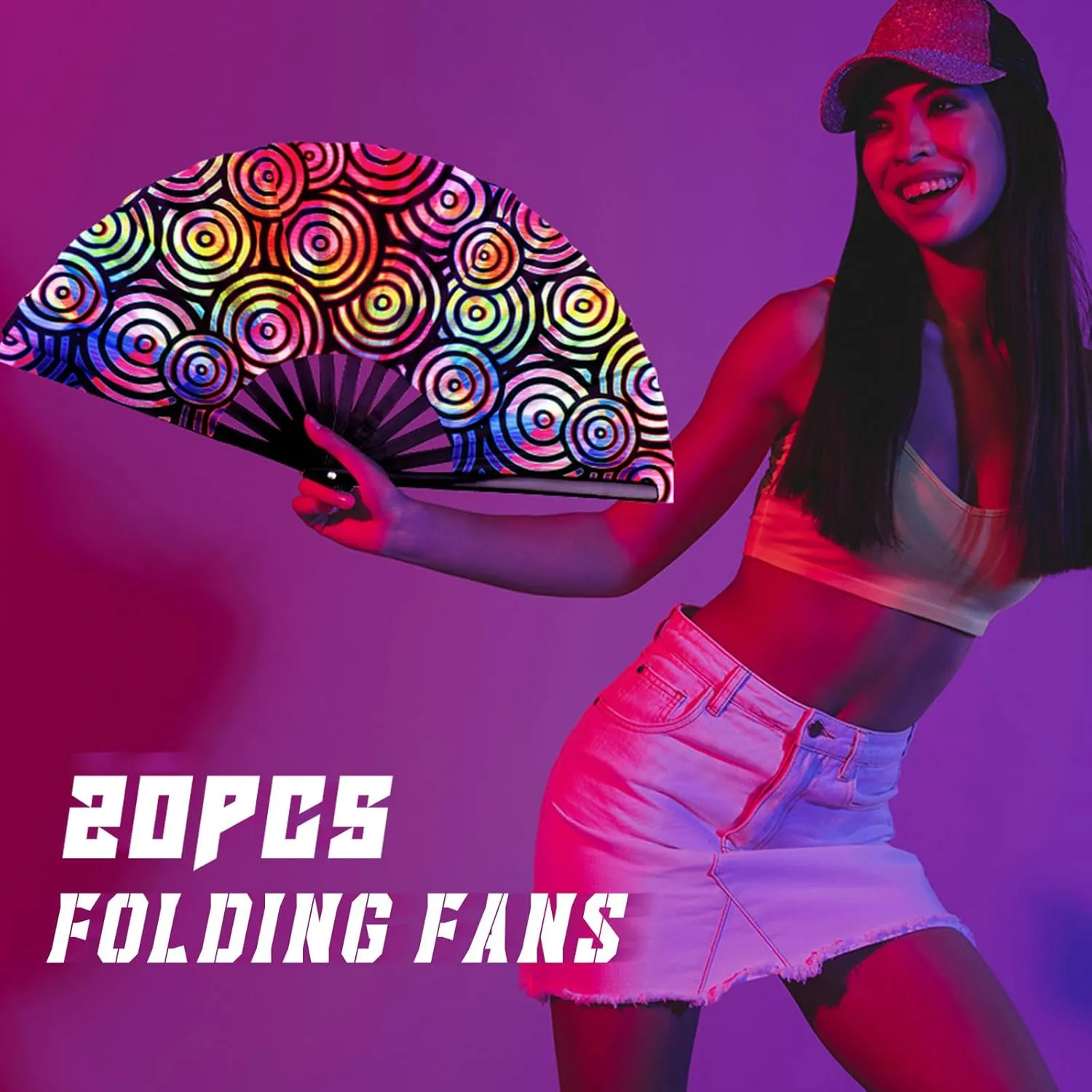 20 Pcs Rave Fans Bulk Large Folding Hand Fans with Bamboo Ribs for Men Women, Chinese Japanese Rainbow Handheld with Fabric Case for Drag Queen Dance Club Music Festival Party(Funny)