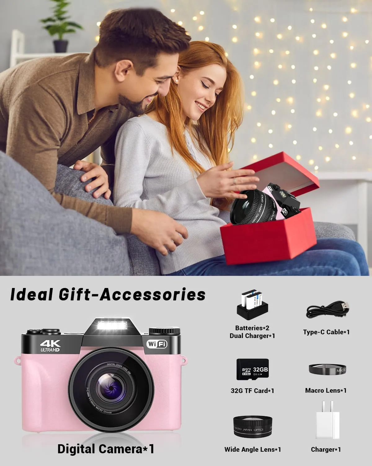 2024 Upgrade VJIANGER Digital Camera for Photography 4K 56MP Vlogging Camera for YouTube with WiFi, 180° Flip Screen, 16X Digital Zoom, 52mm Lens, 2 Batteries, 32GB Micro SD Card(Pink)