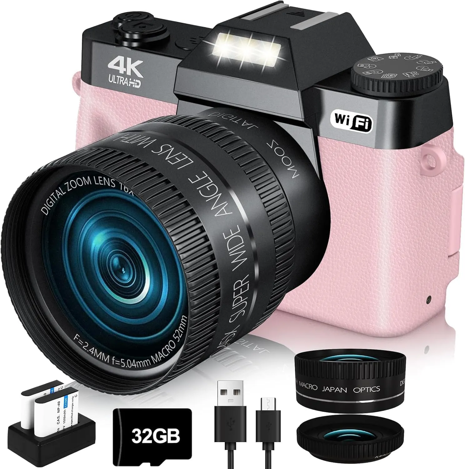 2024 Upgrade VJIANGER Digital Camera for Photography 4K 56MP Vlogging Camera for YouTube with WiFi, 180° Flip Screen, 16X Digital Zoom, 52mm Lens, 2 Batteries, 32GB Micro SD Card(Pink)