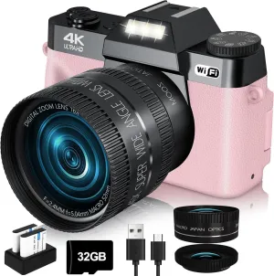 2024 Upgrade VJIANGER Digital Camera for Photography 4K 56MP Vlogging Camera for YouTube with WiFi, 180° Flip Screen, 16X Digital Zoom, 52mm Lens, 2 Batteries, 32GB Micro SD Card(Pink)