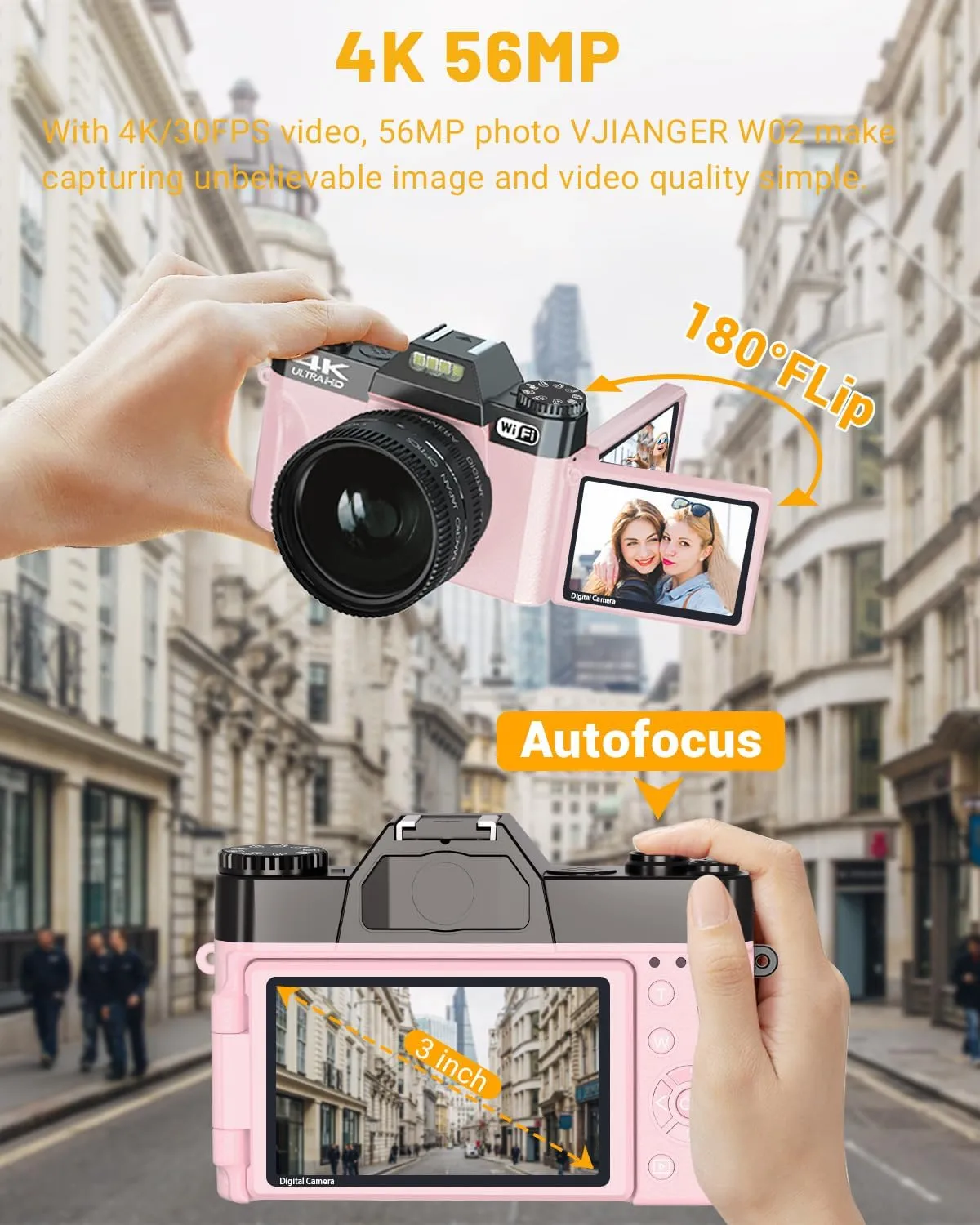 2024 Upgrade VJIANGER Digital Camera for Photography 4K 56MP Vlogging Camera for YouTube with WiFi, 180° Flip Screen, 16X Digital Zoom, 52mm Lens, 2 Batteries, 32GB Micro SD Card(Pink)
