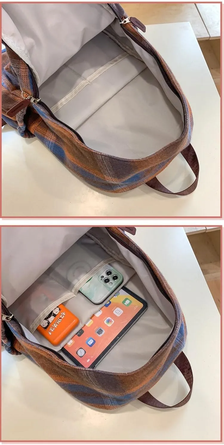 2025 Plaid Preppy Backpack for Women Y2k Aesthetic Shoulder Bag Vintage Daypack with Pendant Checkered Laptop Bag (Khaki)