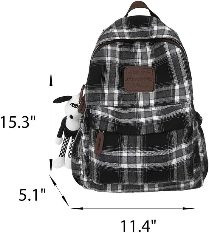 2025 Plaid Preppy Backpack for Women Y2k Aesthetic Shoulder Bag Vintage Daypack with Pendant Checkered Laptop Bag (Khaki)