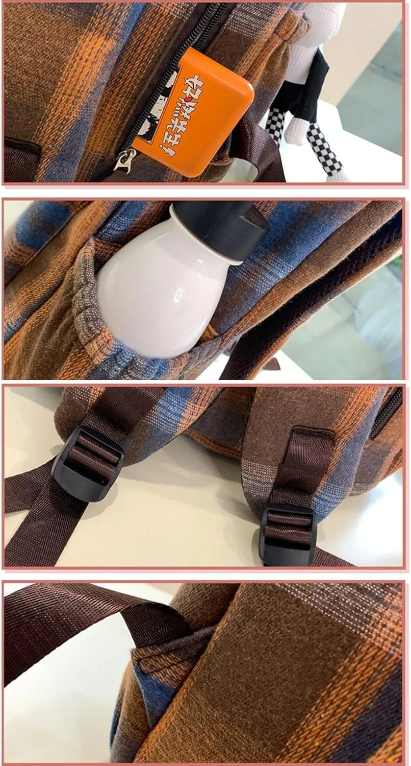 2025 Plaid Preppy Backpack for Women Y2k Aesthetic Shoulder Bag Vintage Daypack with Pendant Checkered Laptop Bag (Khaki)