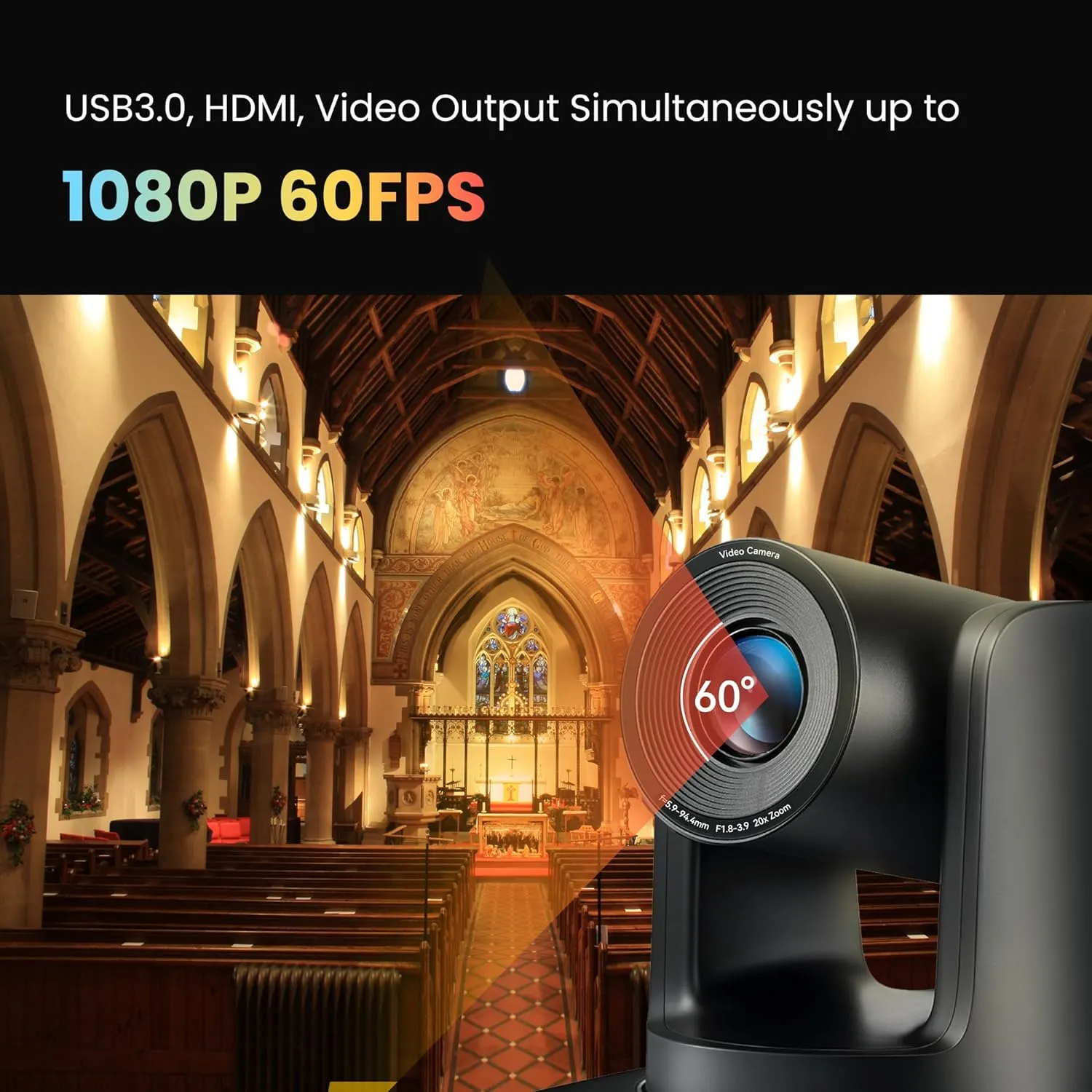20X Optical Zoom Conference Room Camera USB3.0 HDMI PTZ Camera 1080P 60FPS Wide Angle for Video Conference Church Live Streaming Meeting Education Works with Zoom Webex OBS YouTube