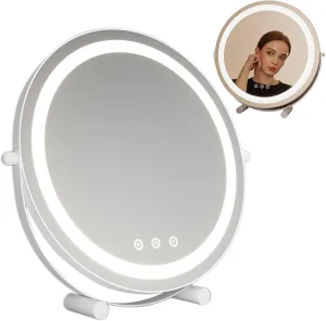 3 Colors Brightness Adjustable Makeup Mirror with Lights, 360°Swivel Rechargeable LED Magnifying Mirror, Make Up Mirror with Lighting (White), Three Color Lighting Modes, Smart Touch Control(White,40c