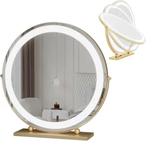 3 Colors Brightness Adjustable Makeup Mirror With Lights, Rotation Vanity Mirror, Rechargeable Vanity Mirror with Lights, Large Lighted Makeup Mirror, Smart Touch Control, 360°Rotation(Gold,40cm/15.7i