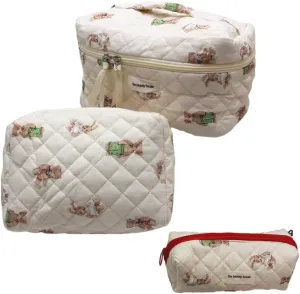 3 Pack Kawaii Cute Makeup Bag Bear Aesthetic Travel Quilted Cotton Cosmetic Bag Organizer Toiletry Pouch for Women Teen Girls (Bear Rabbit)