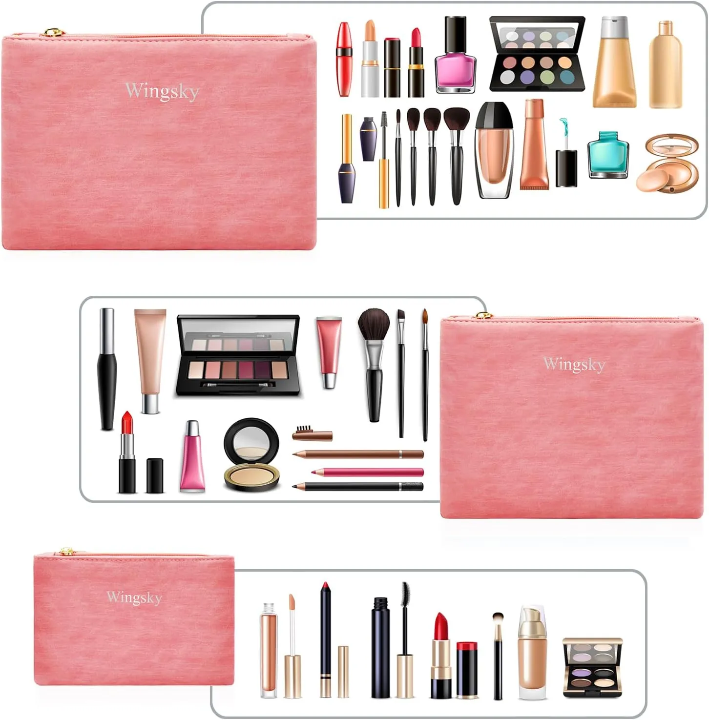 3 Pack Makeup Bag Set, Cosmetic Pouches for Purse, Portable and Stylish Travel Toiletry Bags for Women, Travel Cosmetic Bags for Women (Light Pink, 12.6x9 inch)