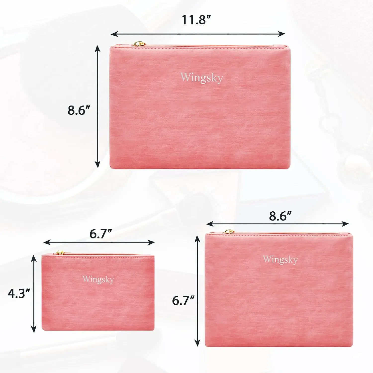 3 Pack Makeup Bag Set, Cosmetic Pouches for Purse, Portable and Stylish Travel Toiletry Bags for Women, Travel Cosmetic Bags for Women (Light Pink, 12.6x9 inch)