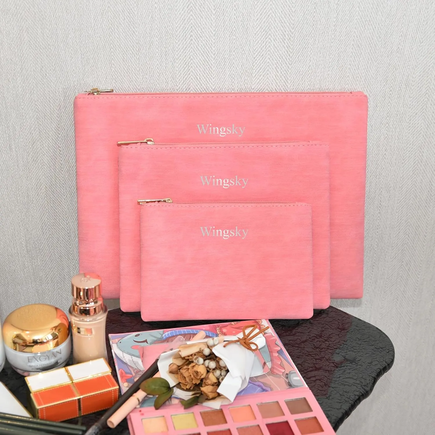 3 Pack Makeup Bag Set, Cosmetic Pouches for Purse, Portable and Stylish Travel Toiletry Bags for Women, Travel Cosmetic Bags for Women (Light Pink, 12.6x9 inch)