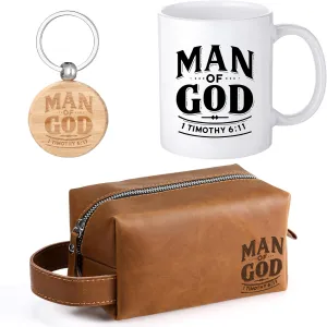 3 Pcs Father's Day Man of God Gifts for Men Christian 11.2oz Inspirational Coffee Mug Religious Bible Verse Leather Toiletry Bag Scripture Keychain for Dad Pastors Church Baptism Souvenir
