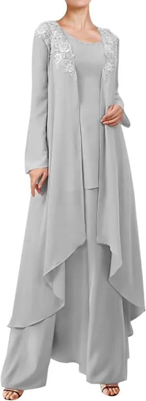 3 Pieces Mother of The Bride Dresses Pant Suits for Wedding Lace Chiffon Long Formal Gown Outfit Set with Jacket