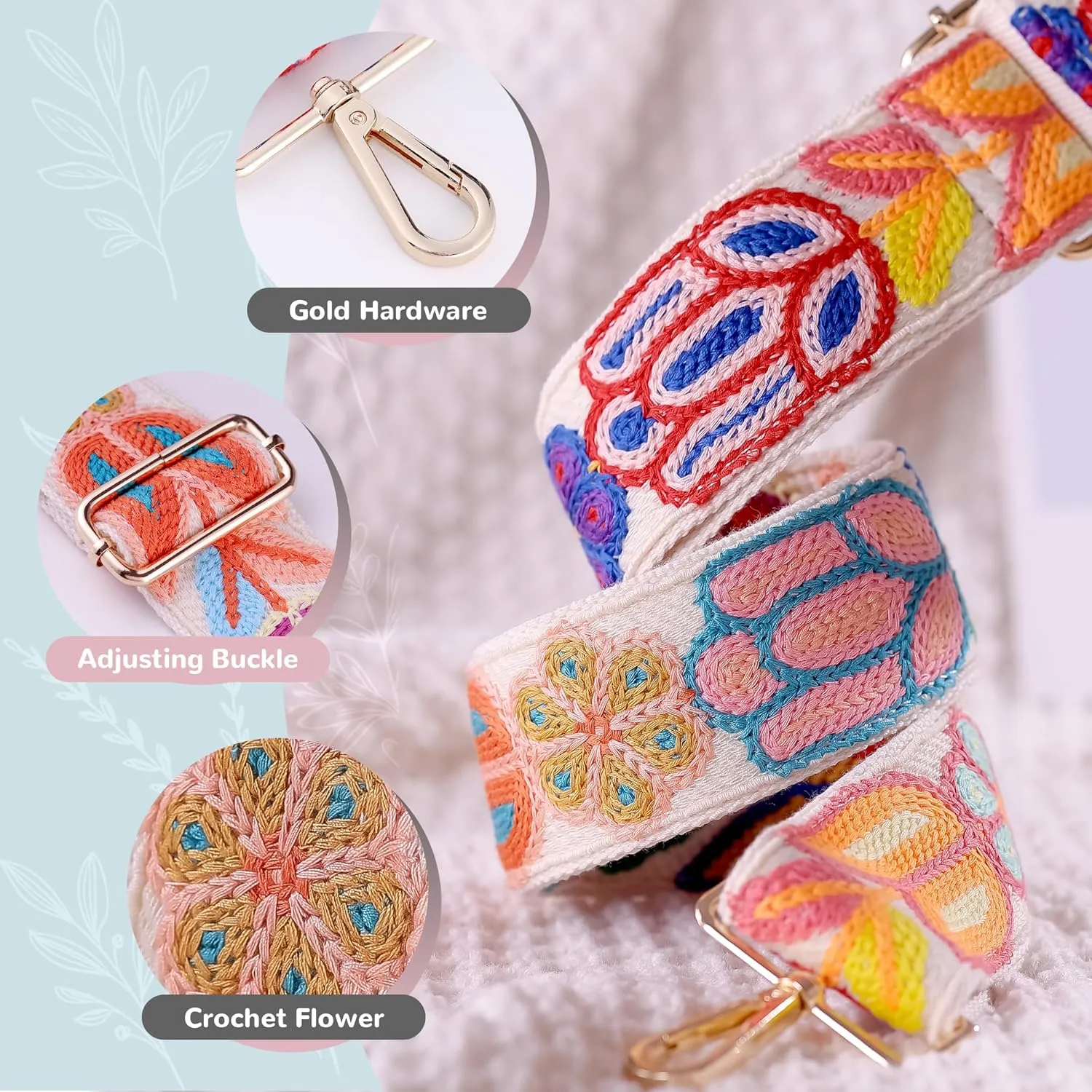 3D Flower Crochet Purse Strap 2" Wide,Bag Strap Replacement for Crossbody Adjustable(Gold Hardware)