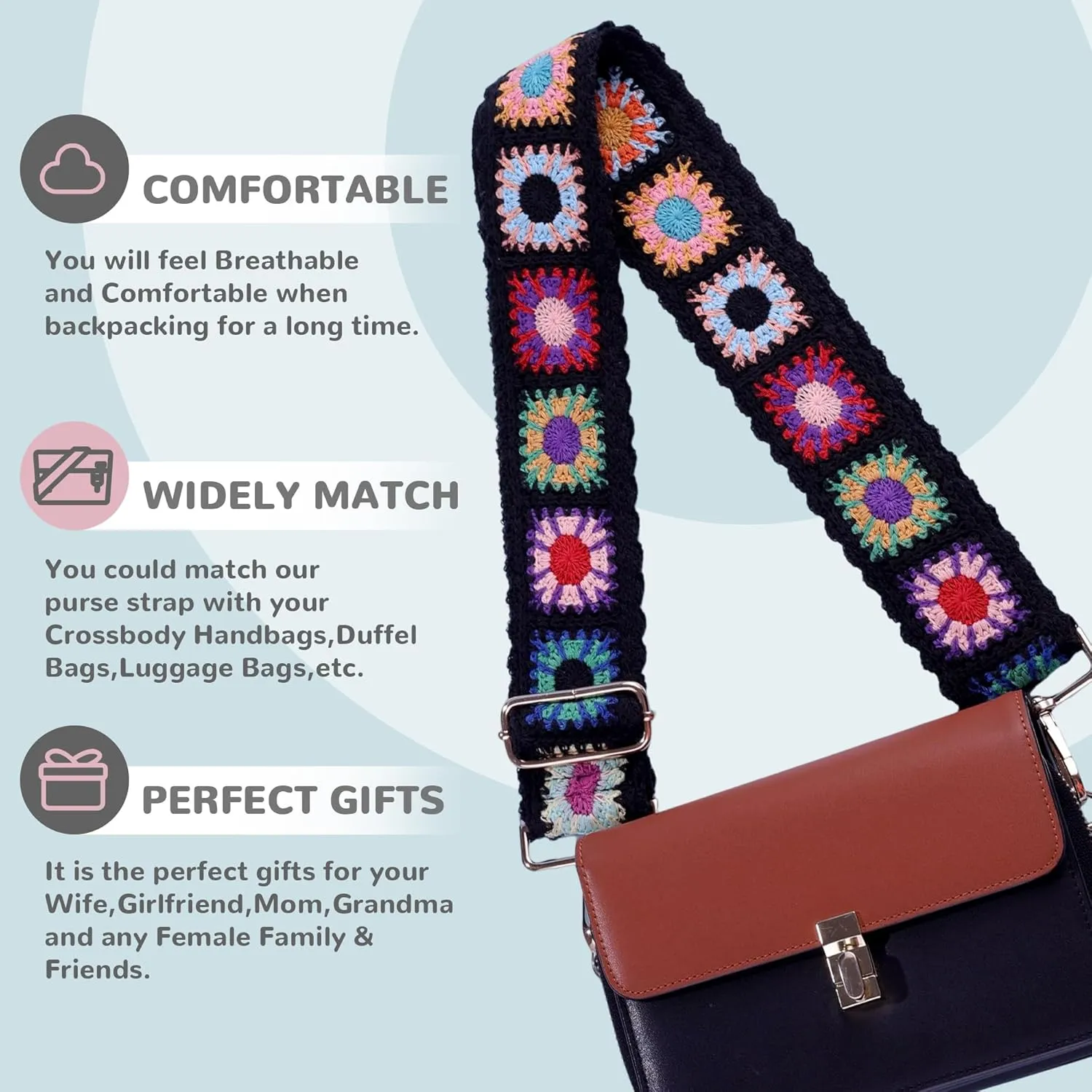 3D Flower Crochet Purse Strap 2" Wide,Bag Strap Replacement for Crossbody Adjustable(Gold Hardware)