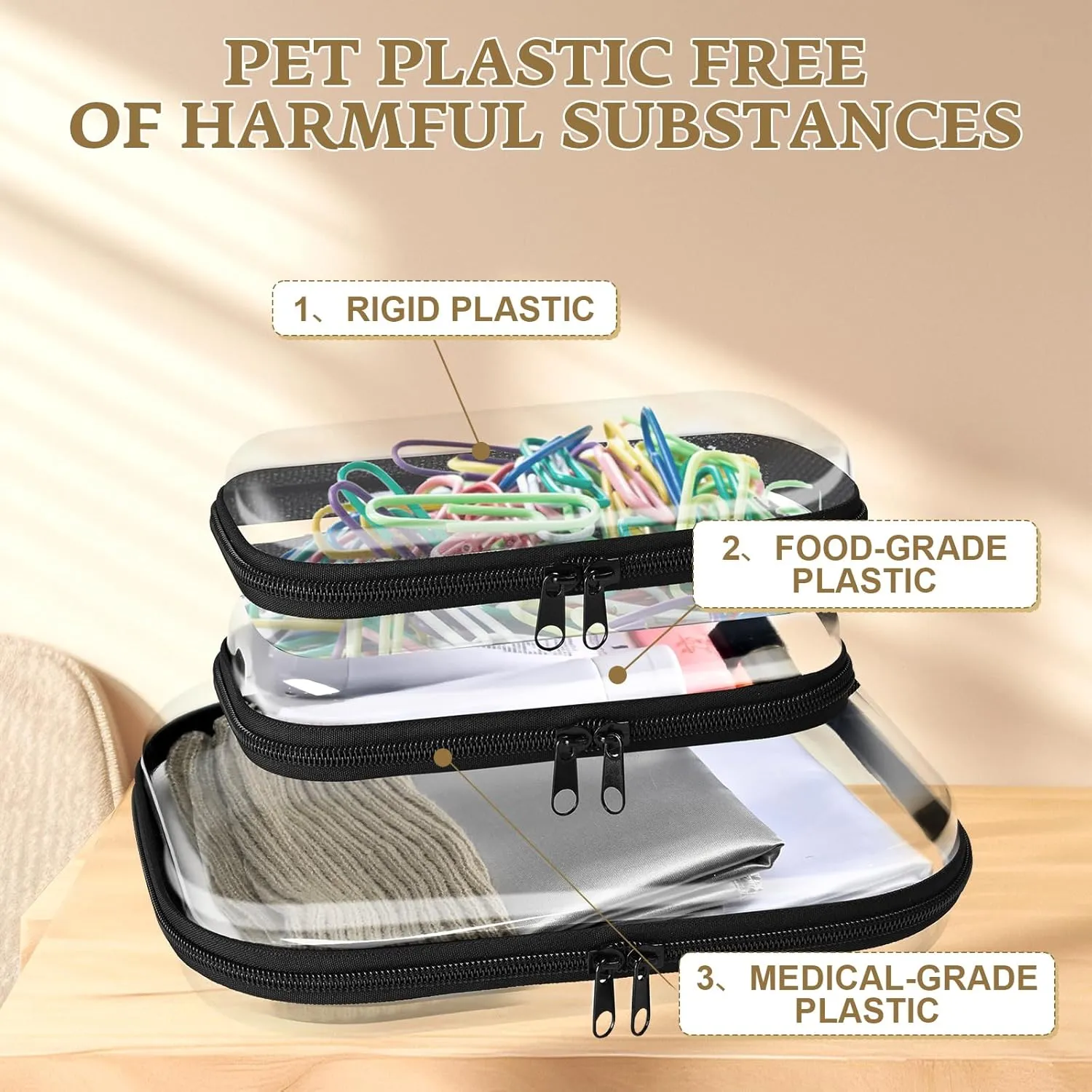 3PCS Crystal Clear Hard Shell Zipper Case - Professional-Grade Plastic clear zipper pouches hard shell, for Electronics, Pencils, Makeup,Travel - Secure Closure