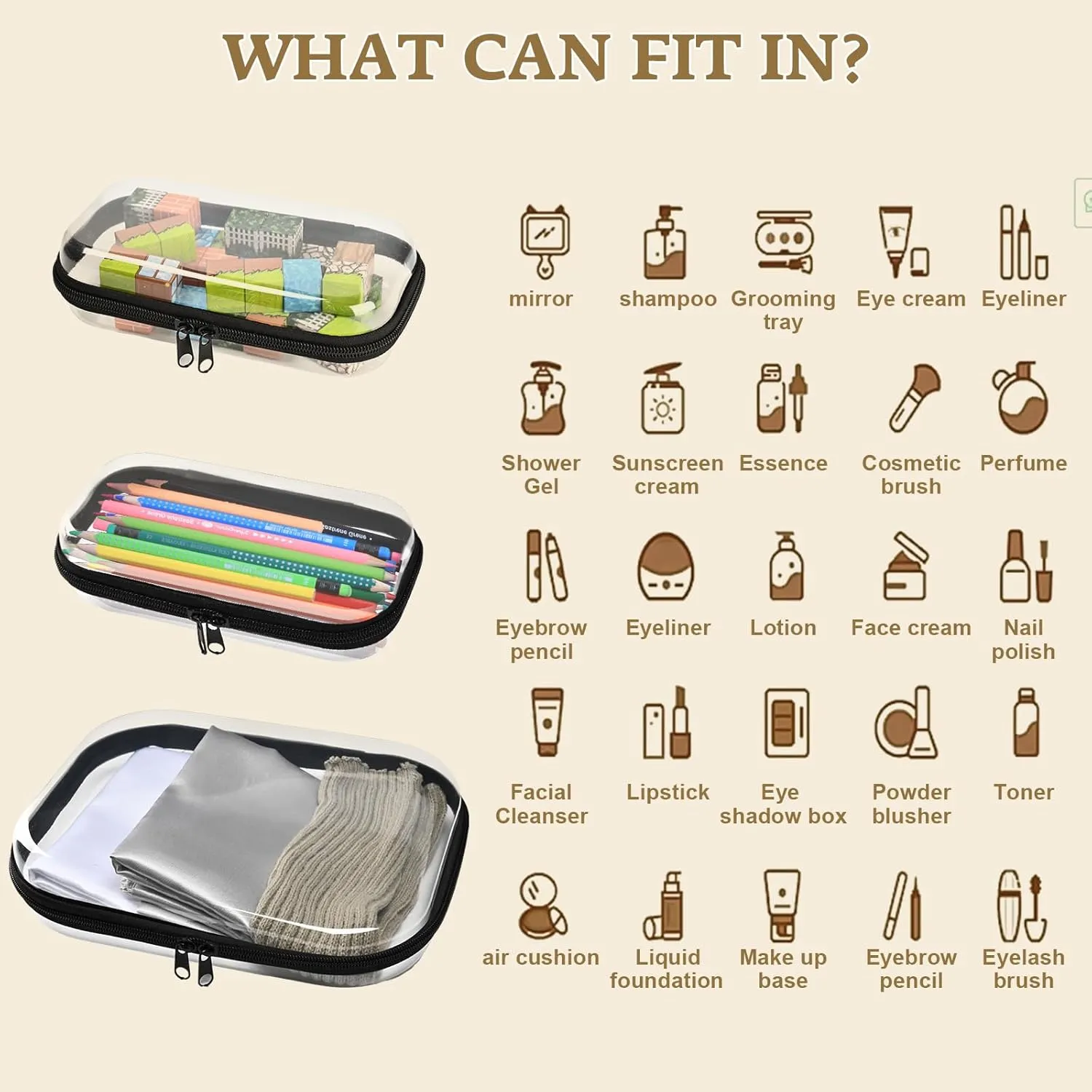 3PCS Crystal Clear Hard Shell Zipper Case - Professional-Grade Plastic clear zipper pouches hard shell, for Electronics, Pencils, Makeup,Travel - Secure Closure