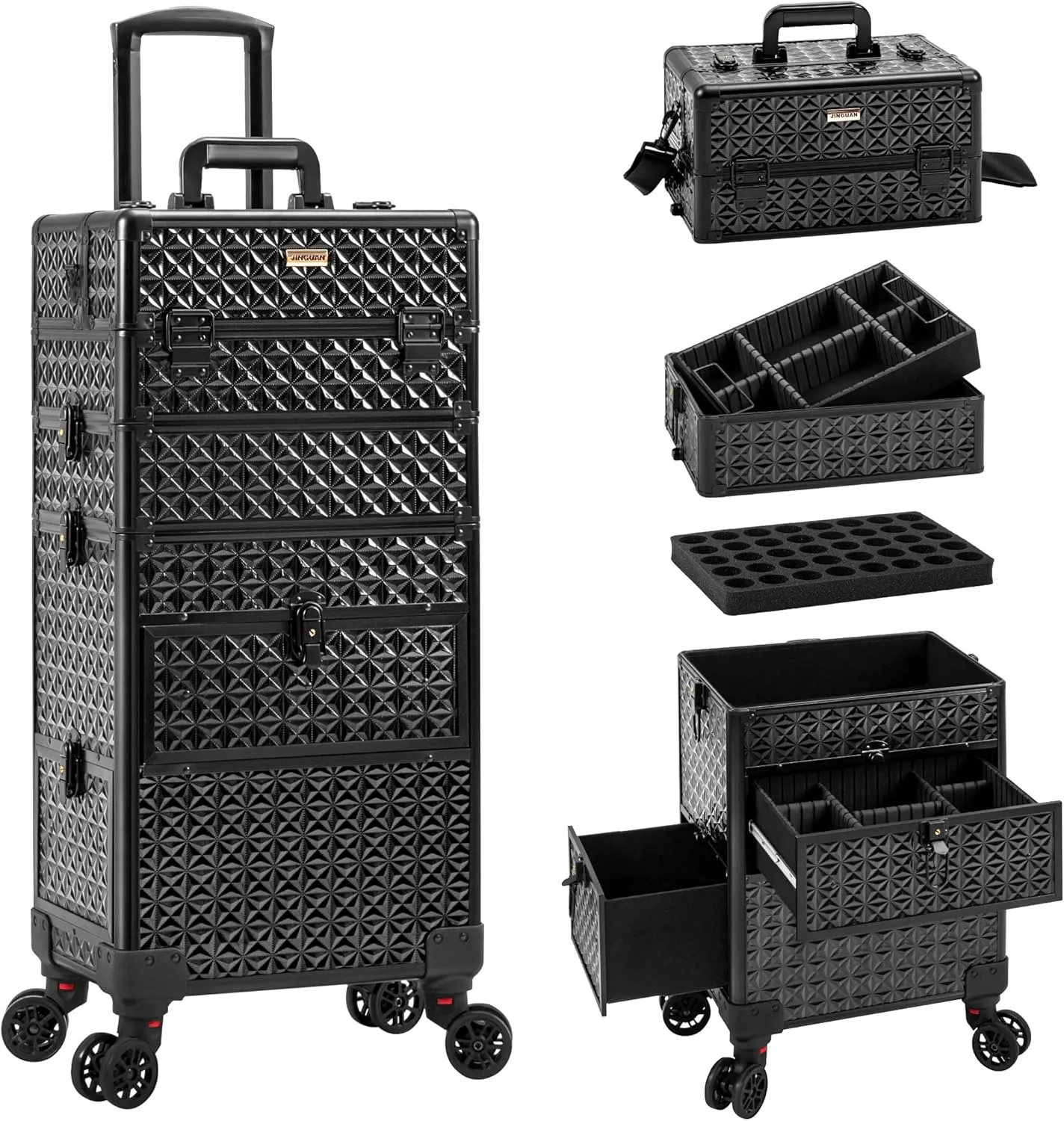 4 in 1 Rolling Makeup Case with Drawers, Multi-functional Cosmetic Trolley with Wheels and Keys, Large Storage Traveling Cart Trunk for Nail Technicians, Makeup Artist and Hairstylist, Black