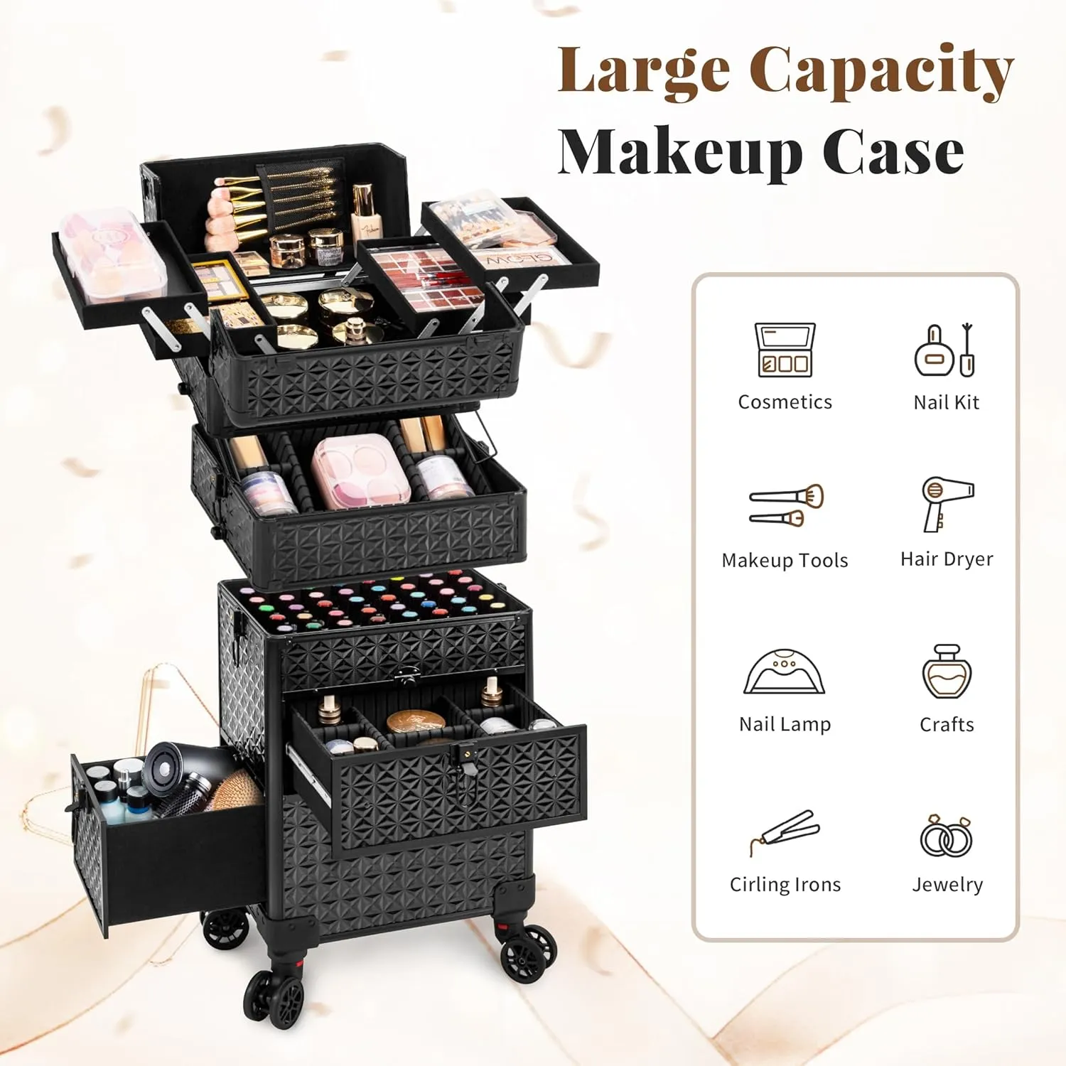 4 in 1 Rolling Makeup Case with Drawers, Multi-functional Cosmetic Trolley with Wheels and Keys, Large Storage Traveling Cart Trunk for Nail Technicians, Makeup Artist and Hairstylist, Black