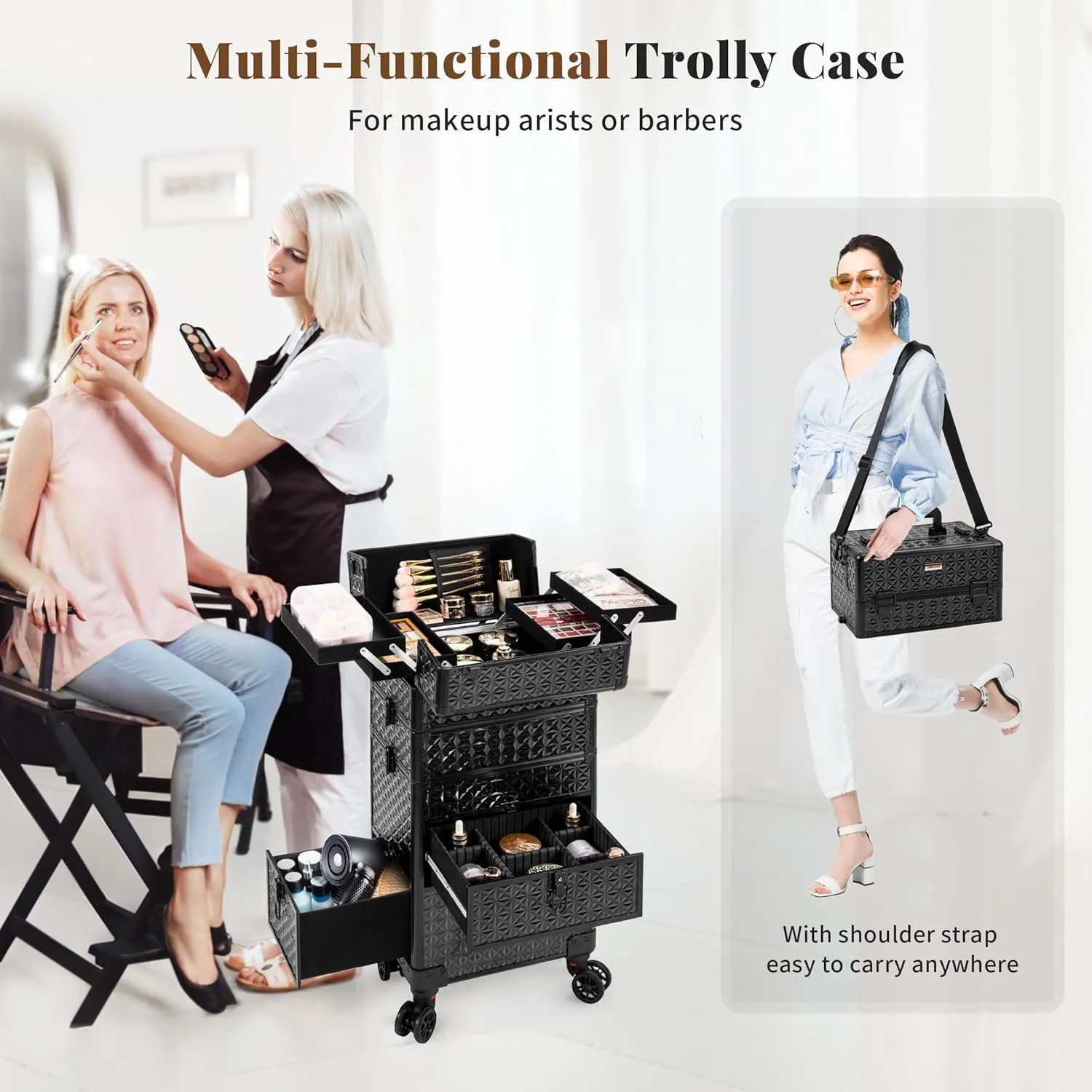 4 in 1 Rolling Makeup Case with Drawers, Multi-functional Cosmetic Trolley with Wheels and Keys, Large Storage Traveling Cart Trunk for Nail Technicians, Makeup Artist and Hairstylist, Black