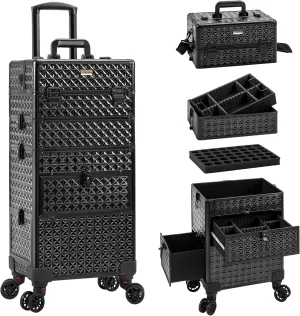 4 in 1 Rolling Makeup Case with Drawers, Multi-functional Cosmetic Trolley with Wheels and Keys, Large Storage Traveling Cart Trunk for Nail Technicians, Makeup Artist and Hairstylist, Black
