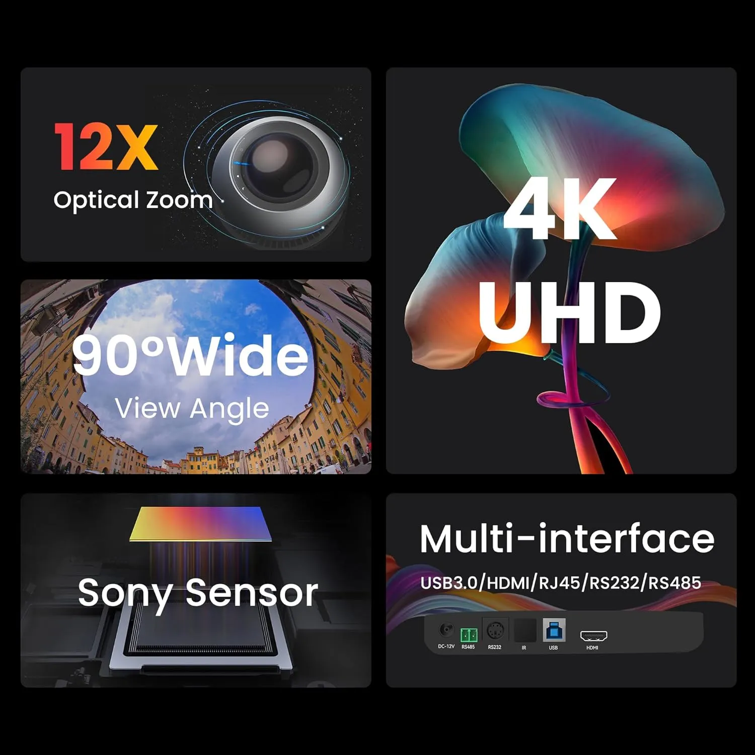 4K PTZ Conference Room Camera USB3.0/HDMI Live Streaming Camera 12X Optical Zoom Wide Angle for Video Conferencing Church Streaming Education Medical Work with Zoom Webex OBS YouTube