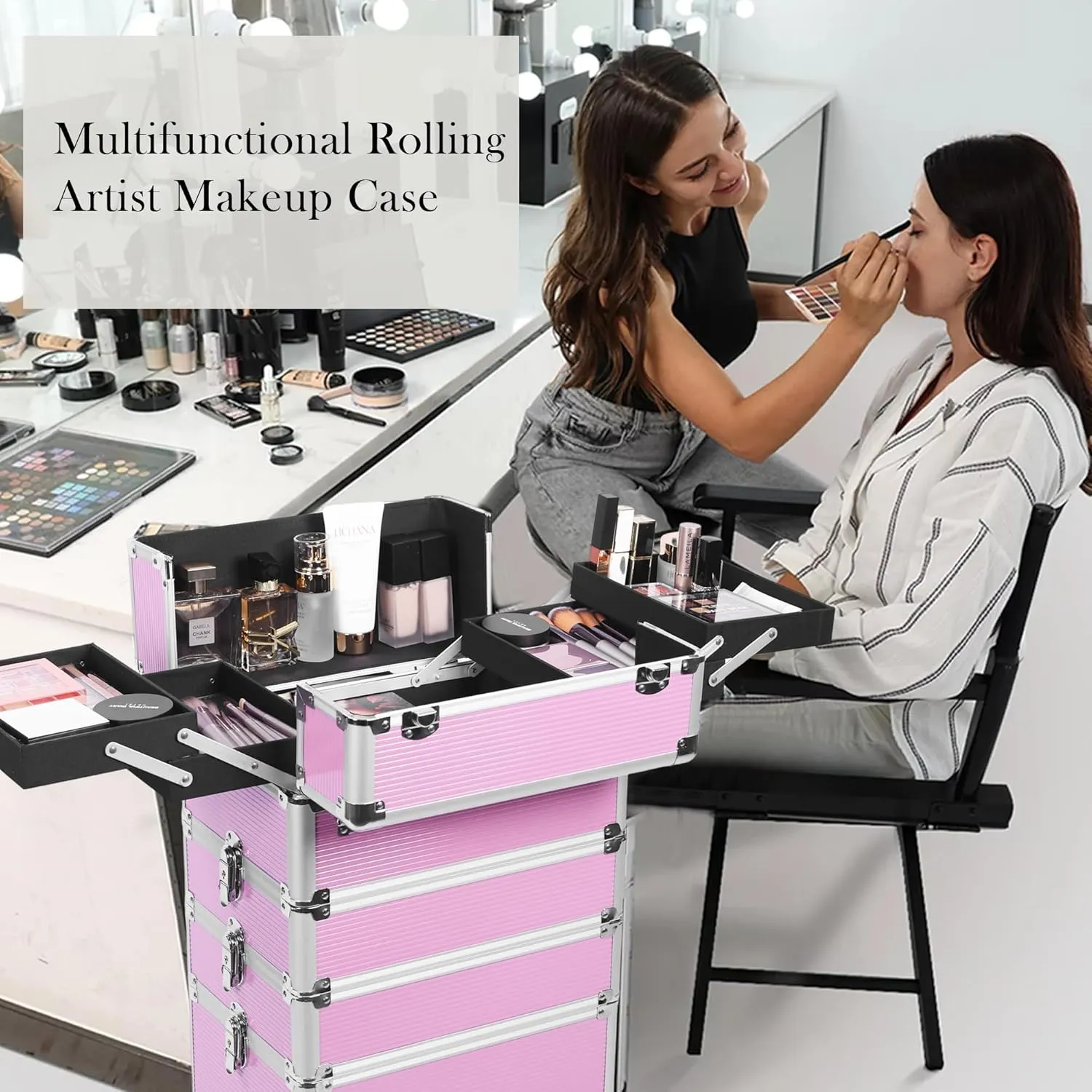 5 in 1 Professional Makeup Train Case Aluminum Cosmetic Case Rolling Makeup Case ExtraLarge Storage Organizer with Key Swivel Wheels Salon Barber Case for Make Up Nail Hairstylists, Pink