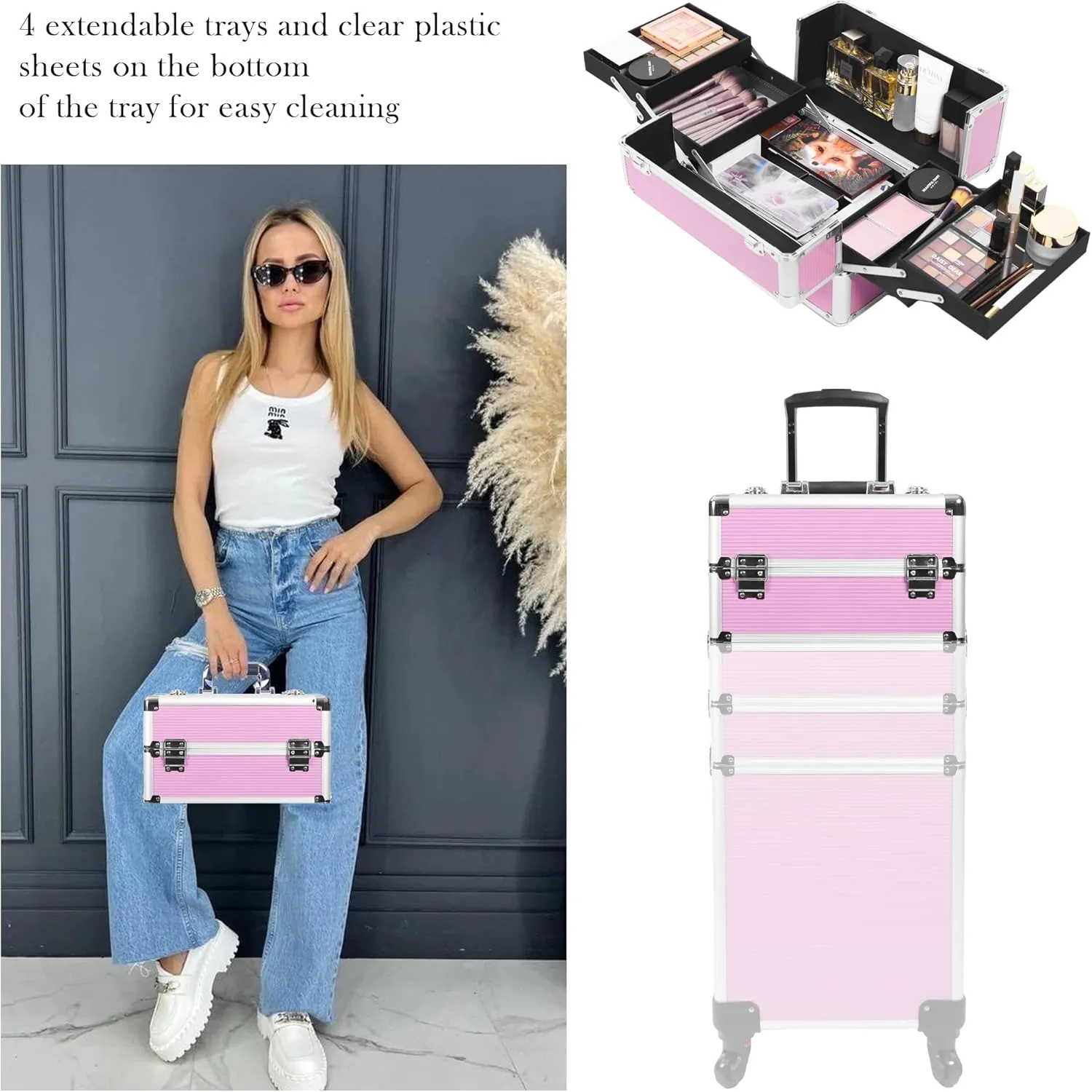 5 in 1 Professional Makeup Train Case Aluminum Cosmetic Case Rolling Makeup Case ExtraLarge Storage Organizer with Key Swivel Wheels Salon Barber Case for Make Up Nail Hairstylists, Pink