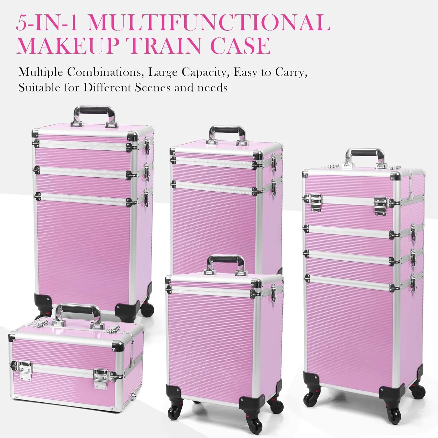 5 in 1 Professional Makeup Train Case Aluminum Cosmetic Case Rolling Makeup Case ExtraLarge Storage Organizer with Key Swivel Wheels Salon Barber Case for Make Up Nail Hairstylists, Pink