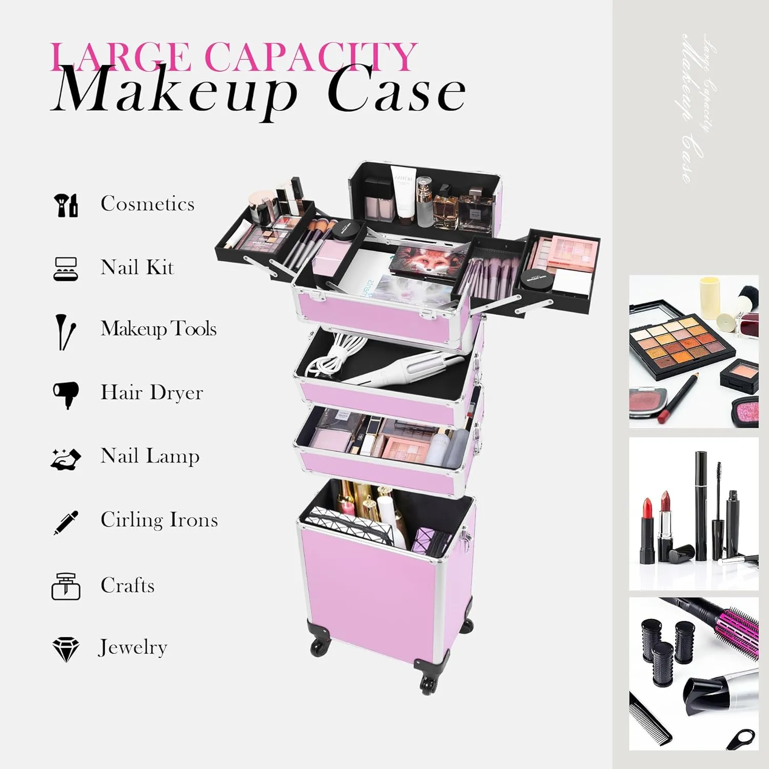 5 in 1 Professional Makeup Train Case Aluminum Cosmetic Case Rolling Makeup Case ExtraLarge Storage Organizer with Key Swivel Wheels Salon Barber Case for Make Up Nail Hairstylists, Pink