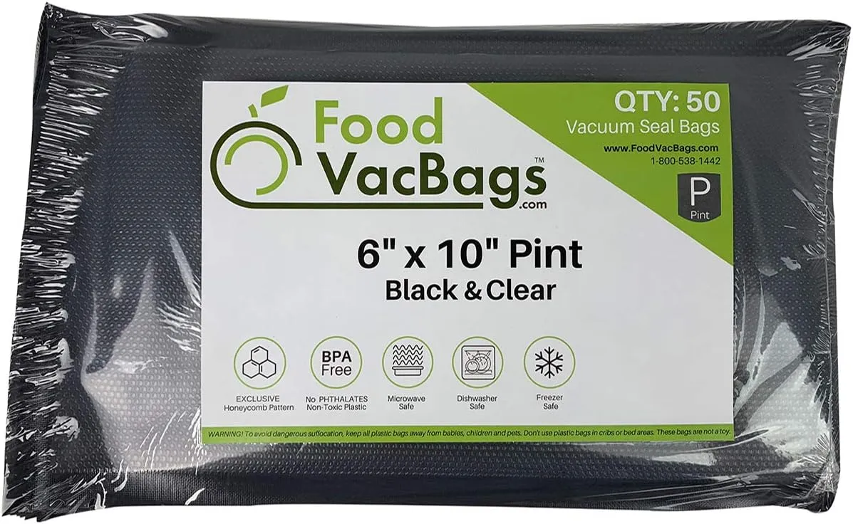 50 Pint 6" X 10" FoodVacBags Black & Clear Vacuum Sealer Storage Bags/Pouches, BPA Free, Perfect for Sous Vide and FoodSaver