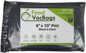 50 Pint 6" X 10" FoodVacBags Black & Clear Vacuum Sealer Storage Bags/Pouches, BPA Free, Perfect for Sous Vide and FoodSaver