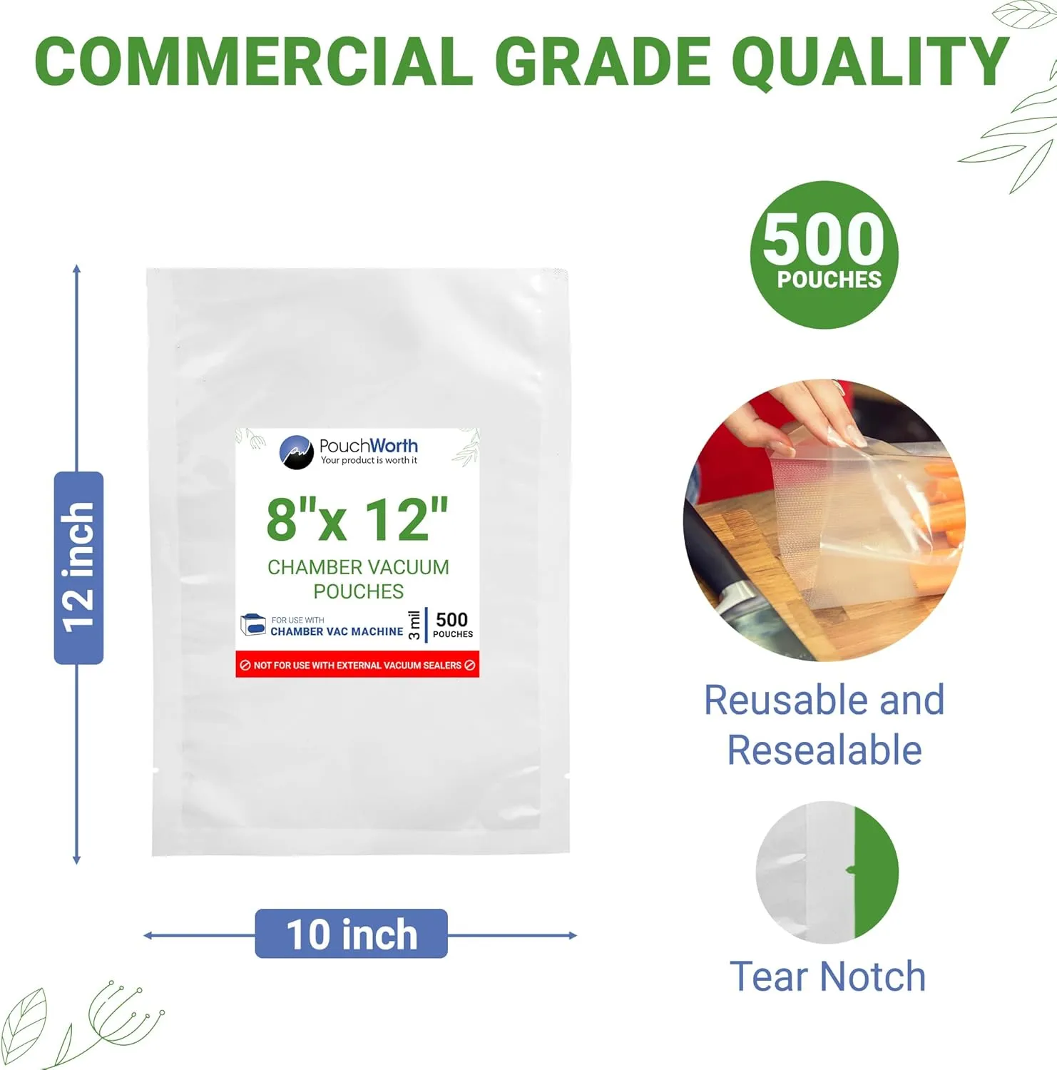 500 pcs Clear 8" x 12" Quart, 3 mil Chamber Machine Pouches, Pre-Cut Chamber Vacuum Sealer Bags, Heavy Duty Seal Pouch, BPA-Free Chamber Sealer Bags with Tear Notch
