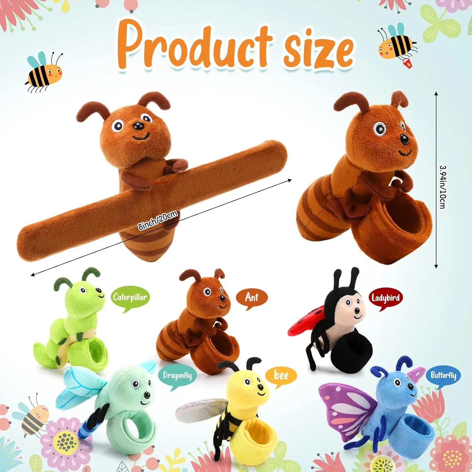 6 Pack Stuffed Animal Slap Bracelets for Kids, 8 Inch Plush Animal Wrist Cute Snap Bracelets in Bulk Easter Graduation Birthday Gifts for Boys and Girls Party Favors(Insect Animals)