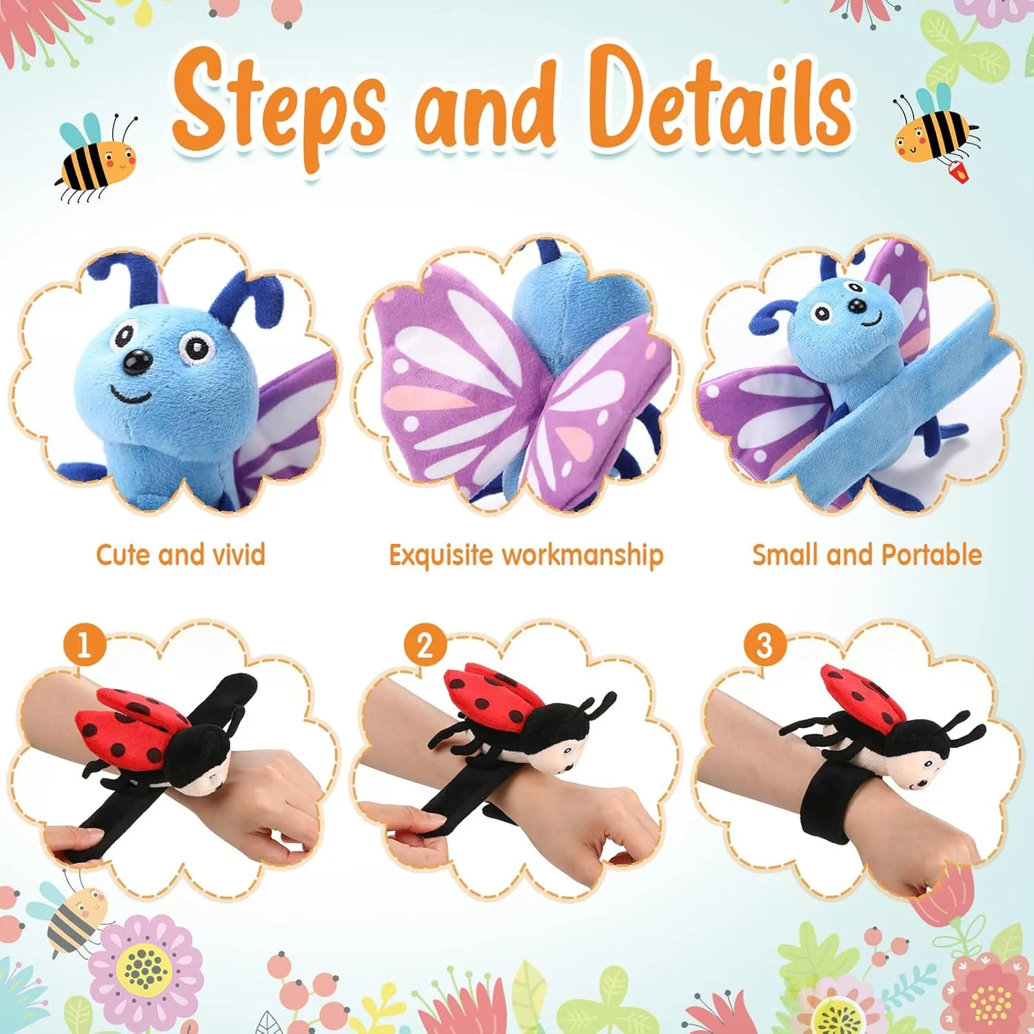 6 Pack Stuffed Animal Slap Bracelets for Kids, 8 Inch Plush Animal Wrist Cute Snap Bracelets in Bulk Easter Graduation Birthday Gifts for Boys and Girls Party Favors(Insect Animals)