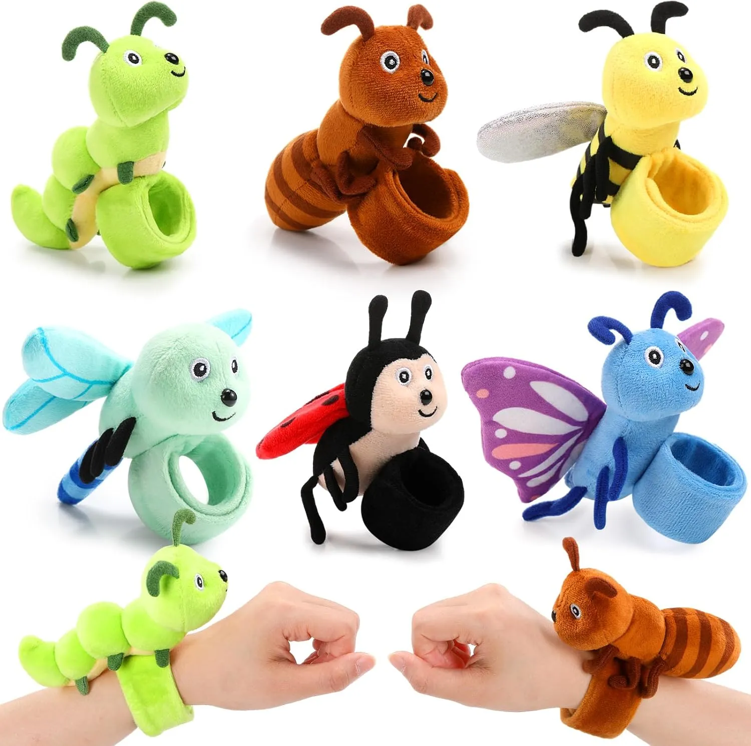 6 Pack Stuffed Animal Slap Bracelets for Kids, 8 Inch Plush Animal Wrist Cute Snap Bracelets in Bulk Easter Graduation Birthday Gifts for Boys and Girls Party Favors(Insect Animals)