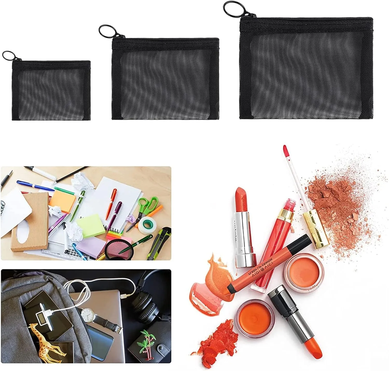 6 Packs Mini Zipper Toiletry Bag, Clear Mesh Zipper Cosmetic Small Purse Black Nylon Waterproof Small Purse Makeup Bag for Women, Portable Office Stationery Pouch.