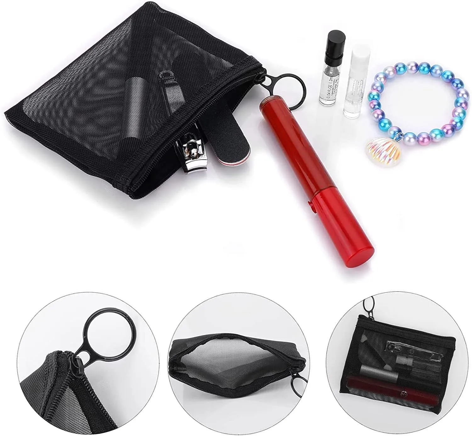 6 Packs Mini Zipper Toiletry Bag, Clear Mesh Zipper Cosmetic Small Purse Black Nylon Waterproof Small Purse Makeup Bag for Women, Portable Office Stationery Pouch.